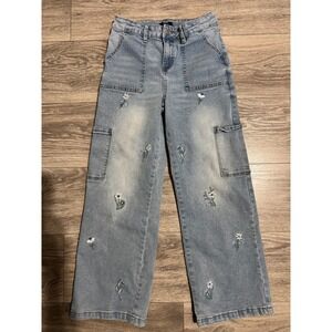 Y2K Kids‎ Girl Floral Embroidered Cargo Wide Leg Jeans Light Wash Size 11/12